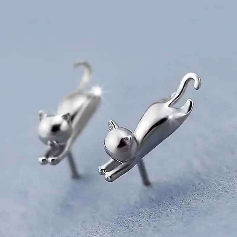 Real 925 Sterling Silver Earrings Cute Cat Animal Stud Earrings Brincos de Prata For Women Exquisite Jewelry Girlfriend L092