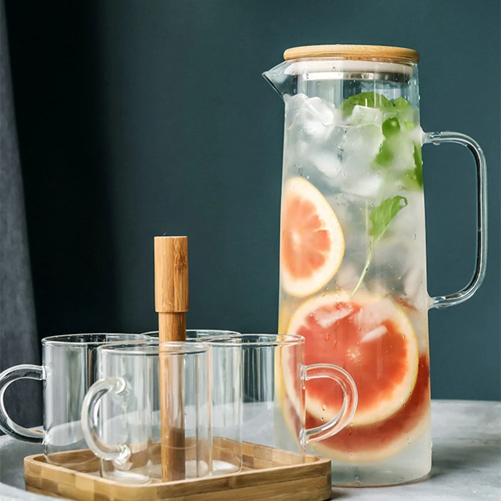 1.7L Glass Water Pitcher with Handle Bamboo Lid Heat Cold Hot Kettle Capacity Tea Pitcher Water Juice Jug