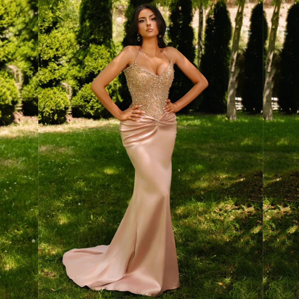 

Customized Classic Simple Jersey Sequined Pleat Trumpet Halter Long Dresses Bespoke Occasion Intricate