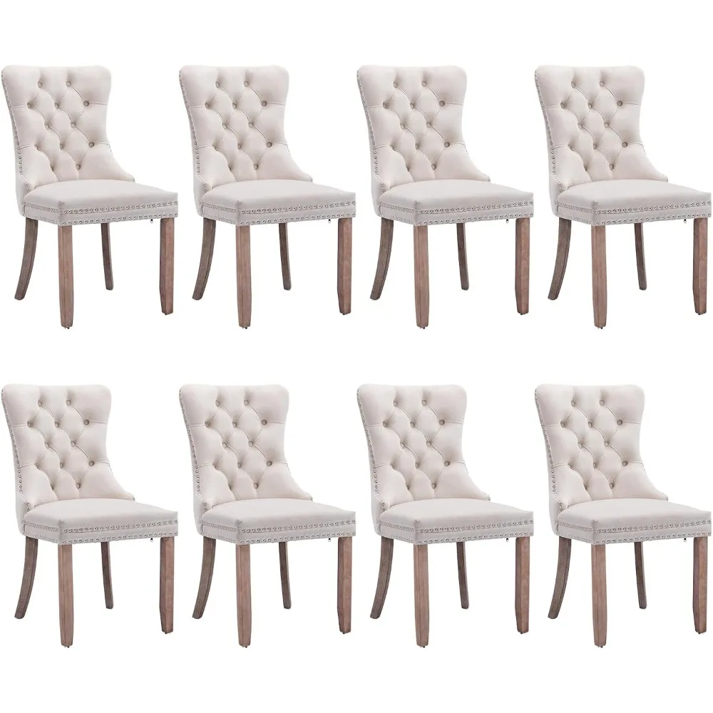 Velvet Dining Chair Set of 8, Upholstered Tufted Dining Room Chair with Nailhead Trim and Solid Wood Leg for Kitchen (Beige)