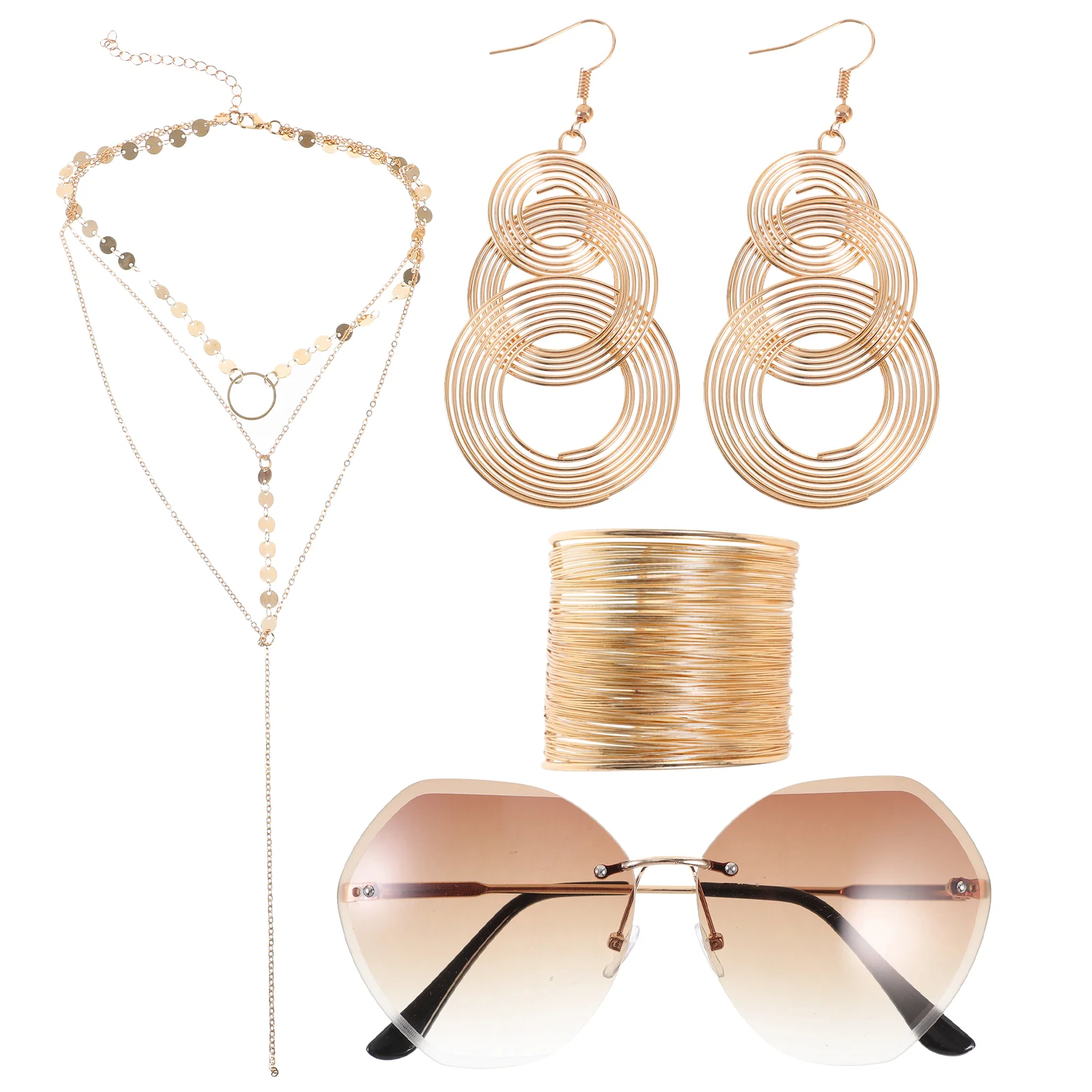 

Hippie Party Set Earrings Necklaces Triple Swirl Rimless Sunglasses 4 Piece Golden