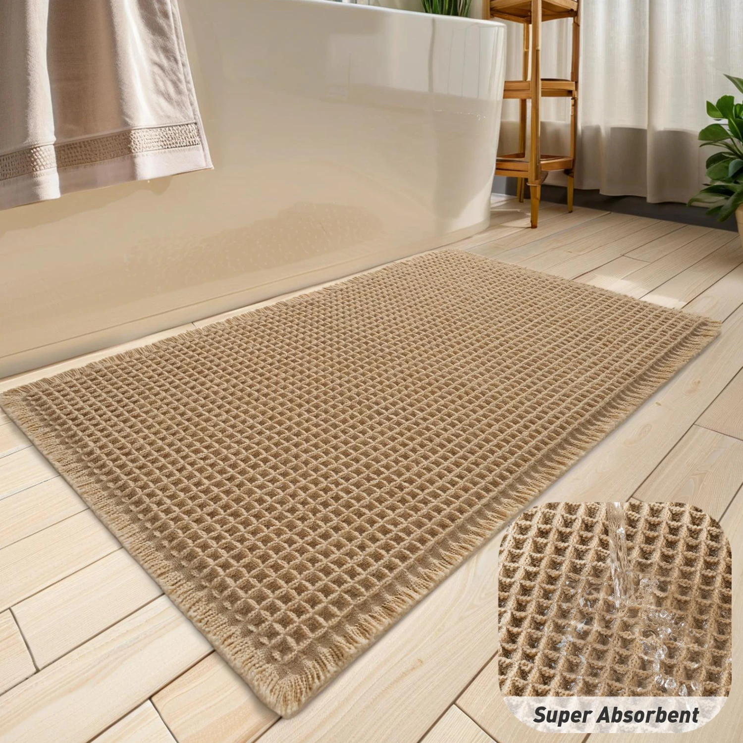 Waffle Bath Mat with Tassels Super Absorbent Non Slip Ultra Soft Rug Machine Washable for Home Bathroom Floor Beside Tub Shower