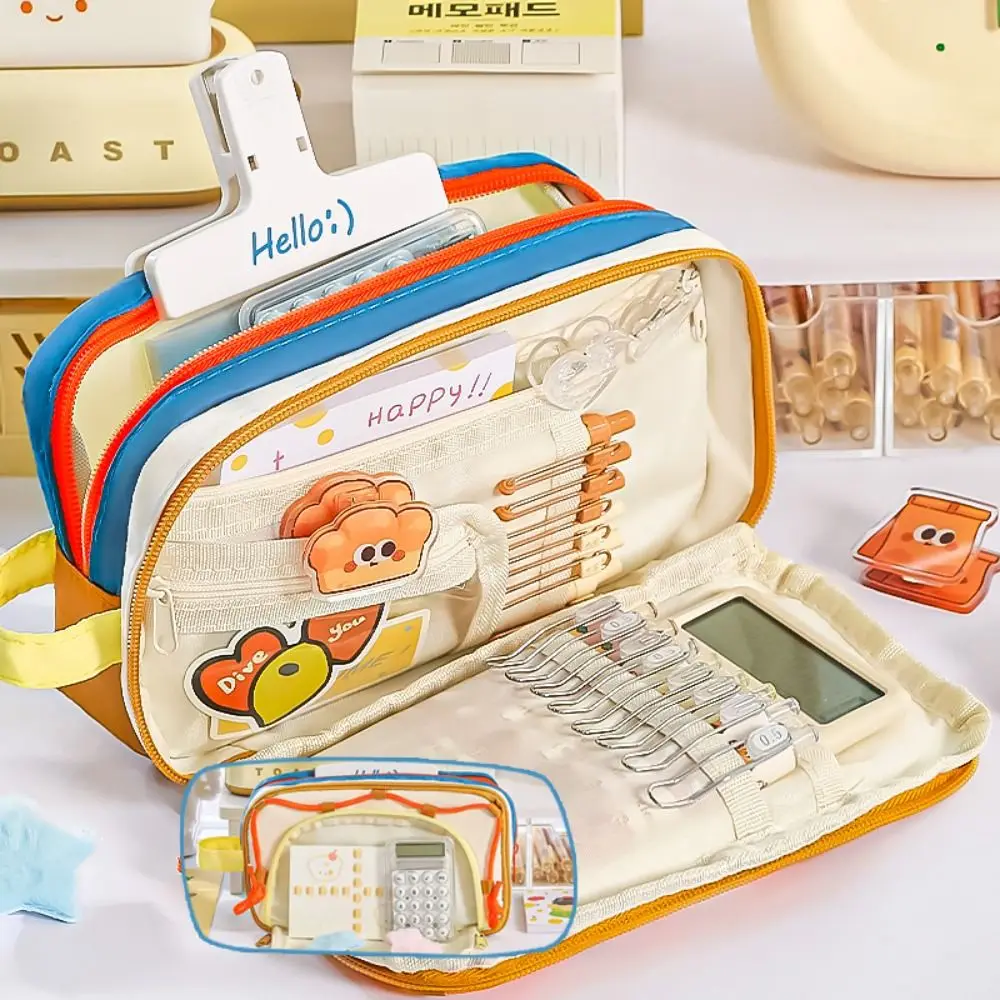 Portable Contrast Color Pen Bag Seven Layers Large Capacity Pencil Case Multifunction Pen Box School Office