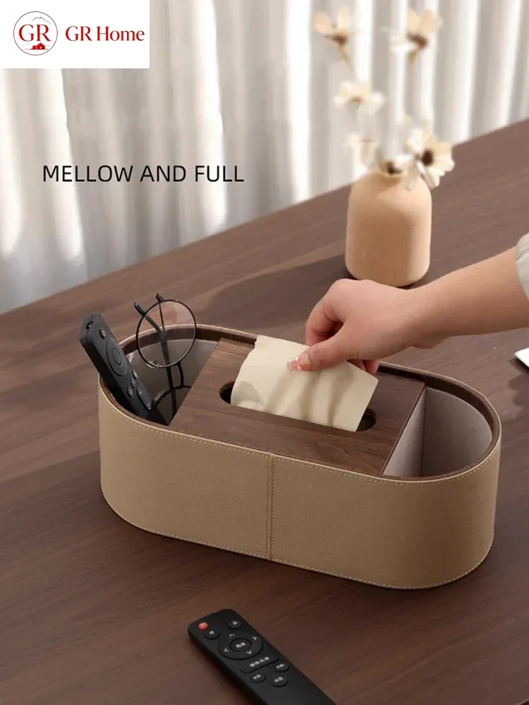 Luxury Walnut Grain Tissue Box | Leather Remote Control Holder & Storage Organizer | Elegant Living Room Decor with Drawer