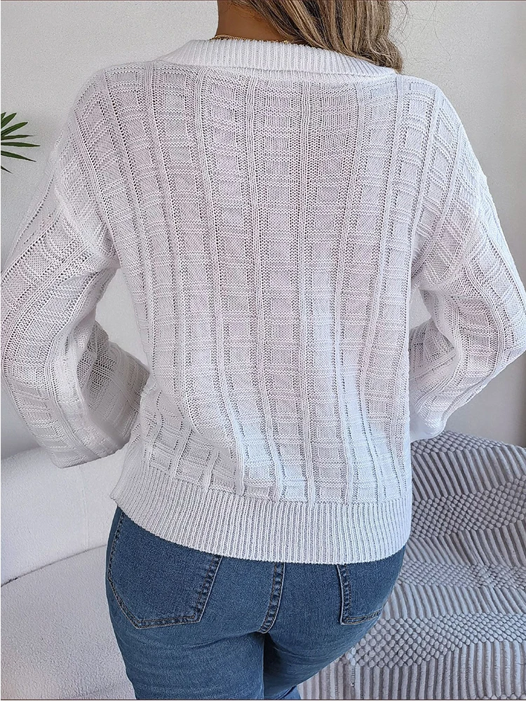 Suéter de punto a cuadros para mujer, jersey de manga larga con cuello vuelto, color blanco, elegante, informal, cálido, 2023