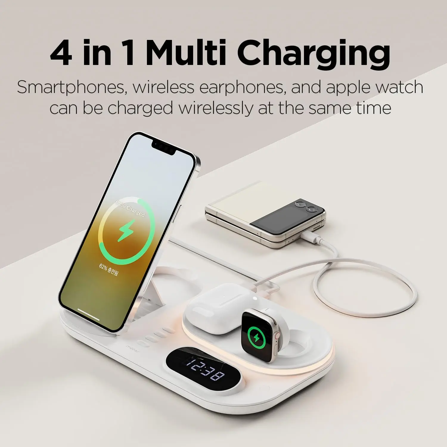 Wireless Charger with Alarm Clock Night Light for iPhone 3 in 1 Fast Charging Station for Apple Watch Charging Stand