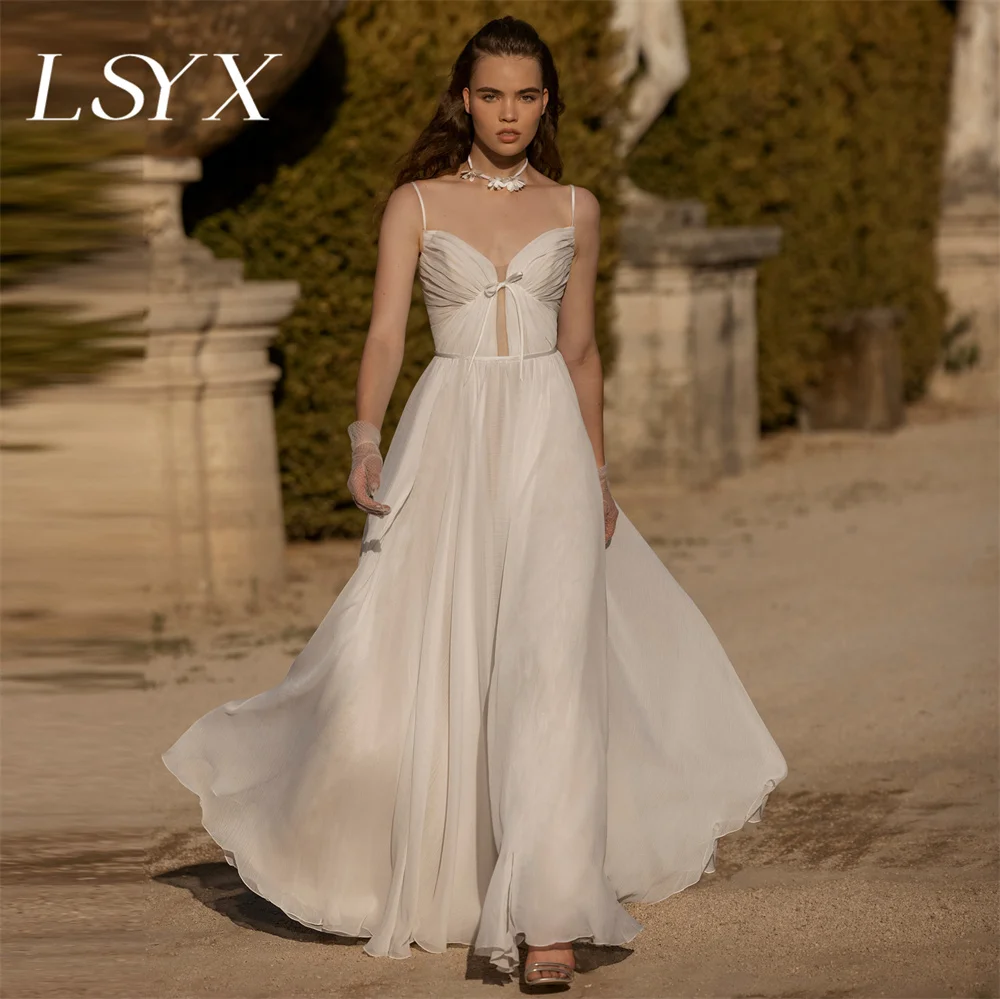 LSYX vestido de novia de gasa con cuello en V recortado, tirantes finos, cremallera trasera, línea A, tren de barrido, vestido de novia hecho a medida