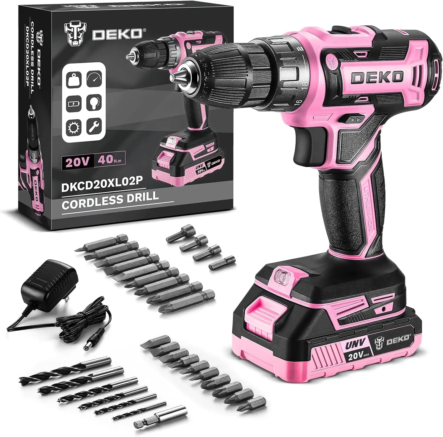 Akku-Bohrmaschine: DEKO Pink Akku-Bohrschrauber 20V Elektrisches Bohrmaschinen-Set Werkzeug für Frauen