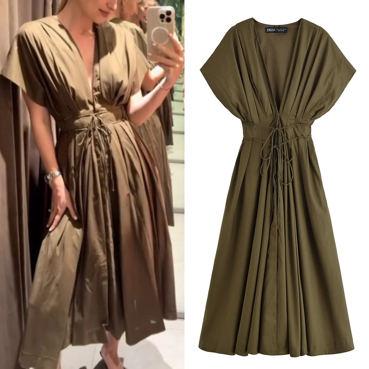 

Retro casual fashion solid color women's dress V-neck tie drape long dress fashionable summer holiday pleated loose dress