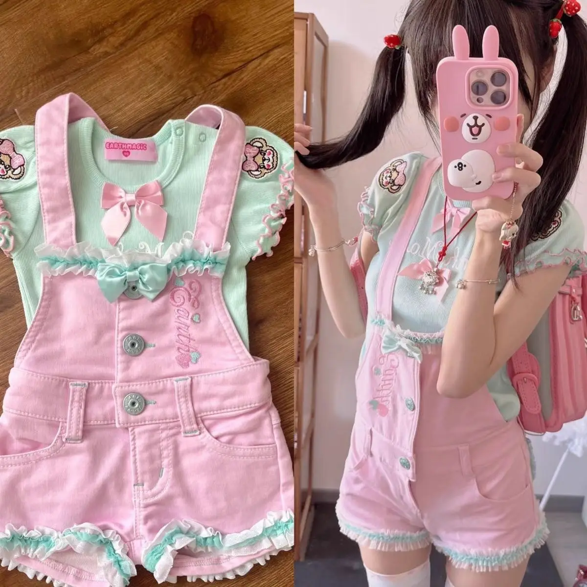 Cute Sweet Girl Cartoon Embroidery Bow Short Sleeved T-shirt + Strap Shorts 2 Pcs Sets Mommy and Daughter Matching Clothes