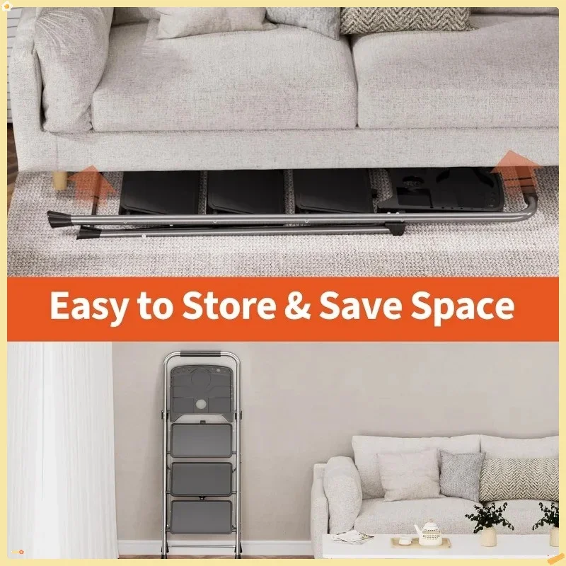 Ruimtebesparende 3-traps ladder met gereedschapsblad, opvouwbare stalen kruk voor compacte keuken, badkamer, garage en werkplaatsgebruik