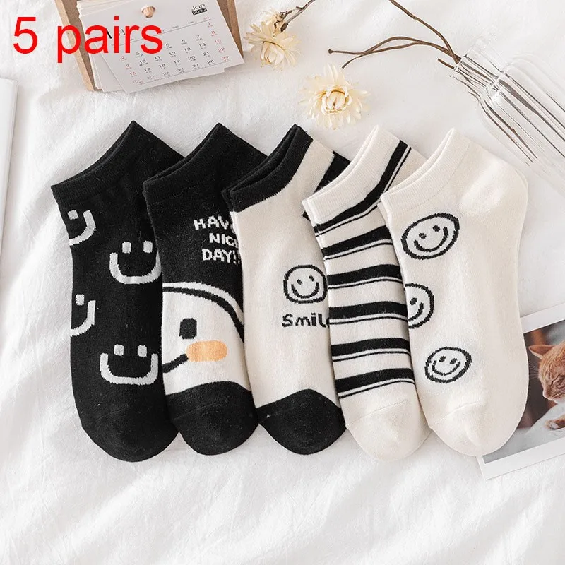 5 Pairs Of Cute Smiley Face Striped Printed Low Cut Short Socks For Women Fashionable Versatile Breathable Women's Socks CZ102