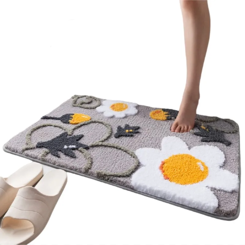 Inyahome Microfiber Absorbent Bathroom Flower Mats Door Mat Carpet Floor Rug Water Absorbent Non-Slip Machine Washable Grey