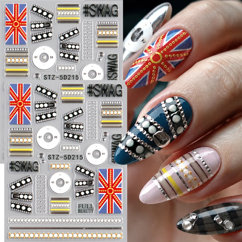 5D Embossed BB Belt British Flag Nail Art Stickers SWAG Letter Retro Music Player Button Nail Decal Punk Music Nail Decor
