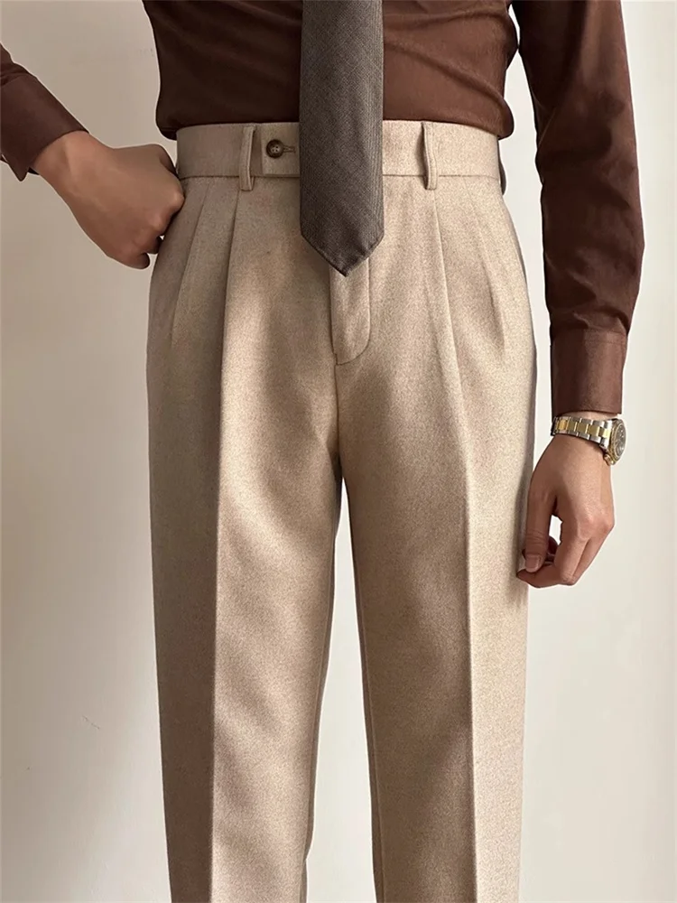 

British Retro Business Naples Casual Man Trousers Men's Dress Suit Tailoring Pants Fleece-Lined Pants Men Winter Clothing 2025