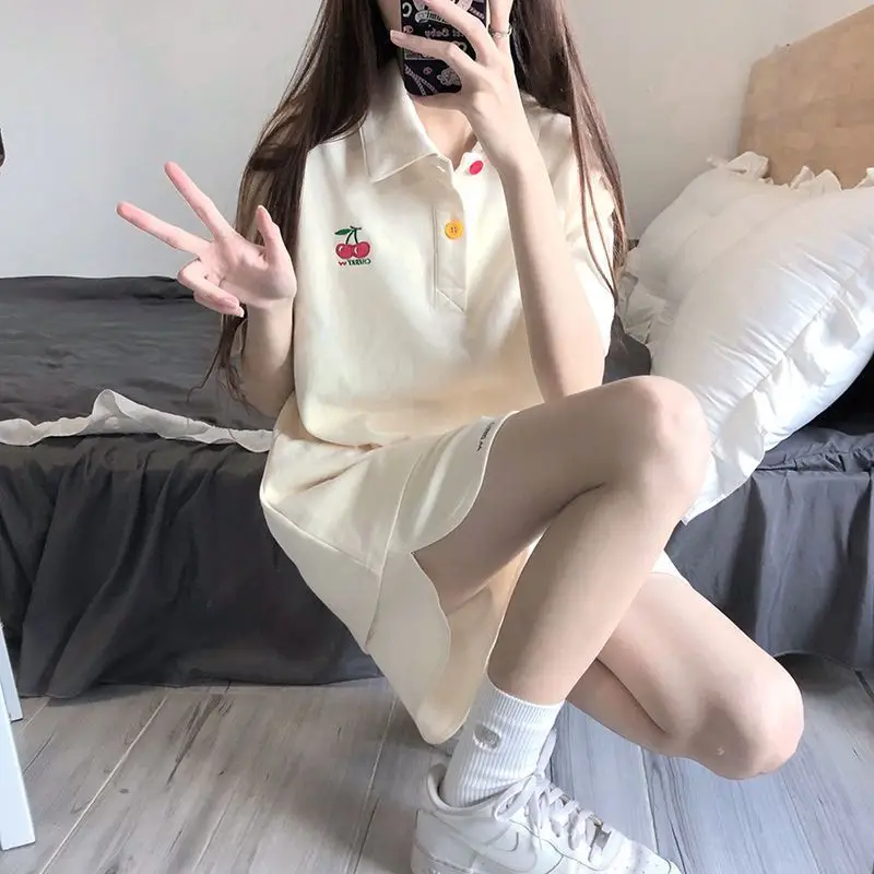 Summer new Japanese style loose polo_neck short sleeves T-shirt+wide leg shorts Youth Campus Style two pieces set for women