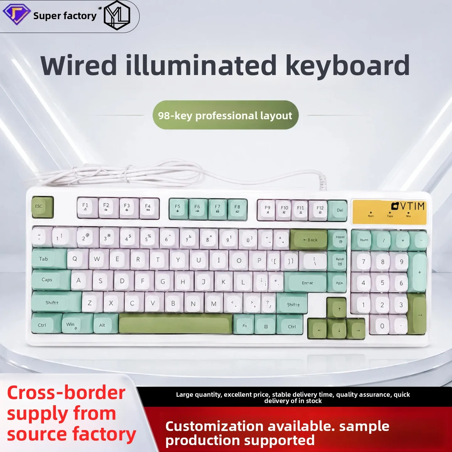 Teclado de Membrana com Fio para Jogos, Retroiluminação RGB, Teclas Silenciosas com Mecanismo de Tesoura, Apoio de Pulso Ergonômico, Uso em Escritório, Casa e Desktop