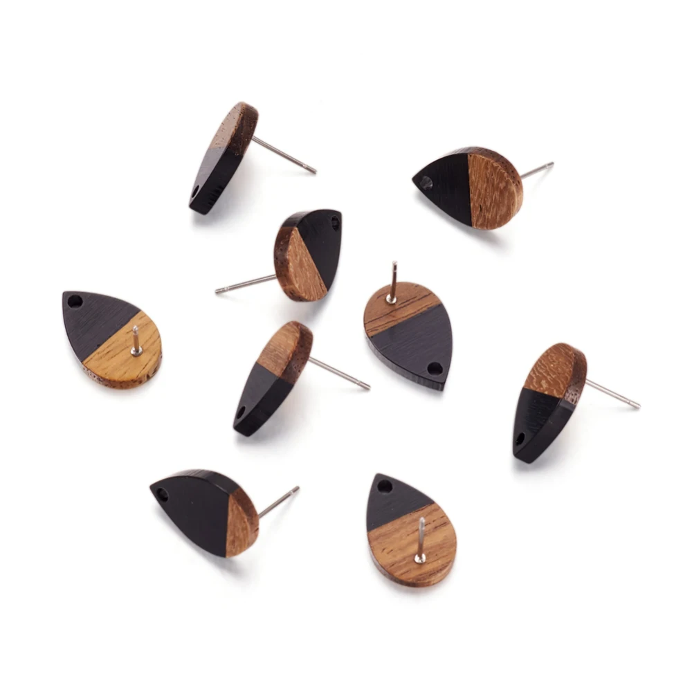 20Pairs Black Walnut Wood Resin Stud Earring Findings with Pin Teardrop Earring Base Connectors for Jewelry Making DIY Accessory