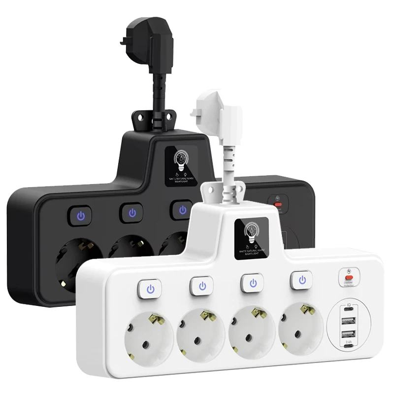 EU Plug Socket 4 AC Outlets 2 USB A 2 Type-C Charger Separate Electrical Switch For Home Power Strip Socket With Night Light