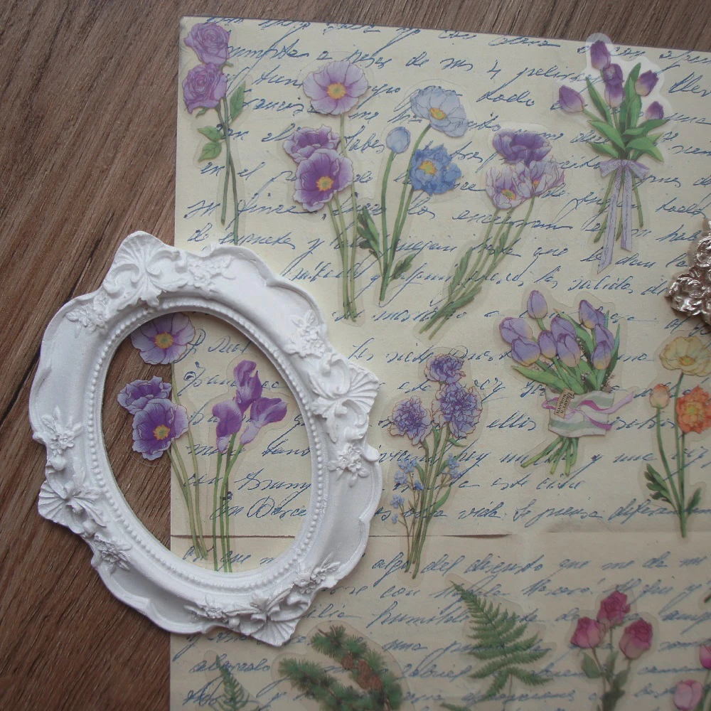 

28pcs Four Seasons Plant Tulip Rose Pine Branch Style PVC Sticker Scrapbooking DIY Gift Packing Decoration Tag