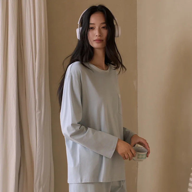 

Women's Cotton Pajamas Set 2026 Spring Summer Sleeve Long Pants Skin-friendly Set Casual Simple Color Block Pocket Homewear
