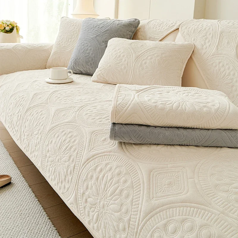 Embossed Quilted Thickened Short Plush Couch Pad, Winter Warm Non-slip Sofa Cushion Cover for Living Room Furniture Decor