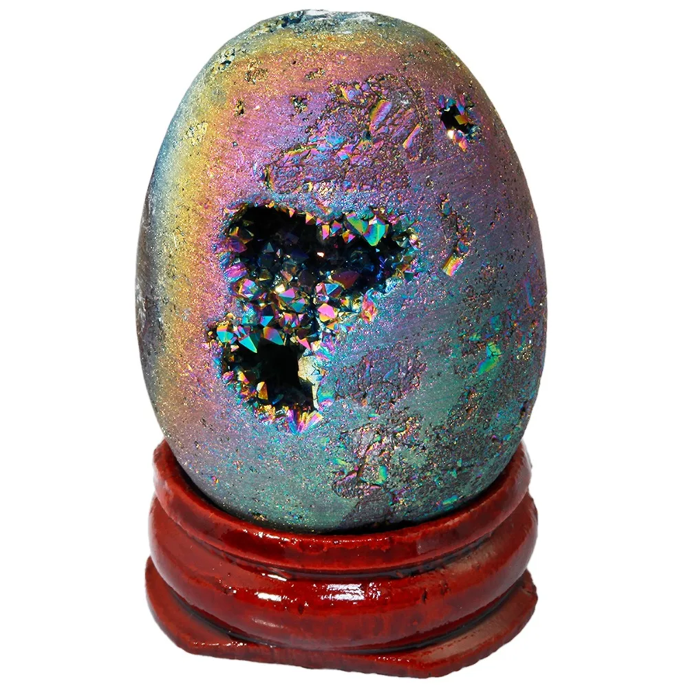 TUMBEELLUWA Rainbow Titanium Coated Druzy Geode Sphere,Crystal Quartz Agate Egg 40x30mm,Sculpture Figurine with Wood Stand