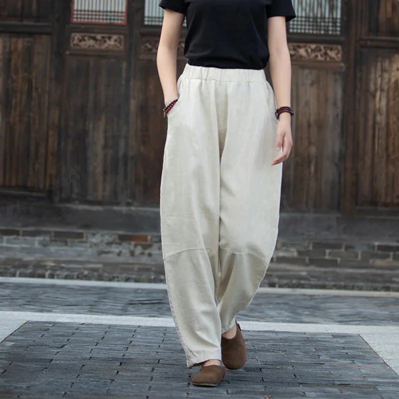 New Spring Autunm cotton Linen Pants Women Casual Elastic Waist Wide Leg Pants  loose casual Vintage Trousers streetwear y2k