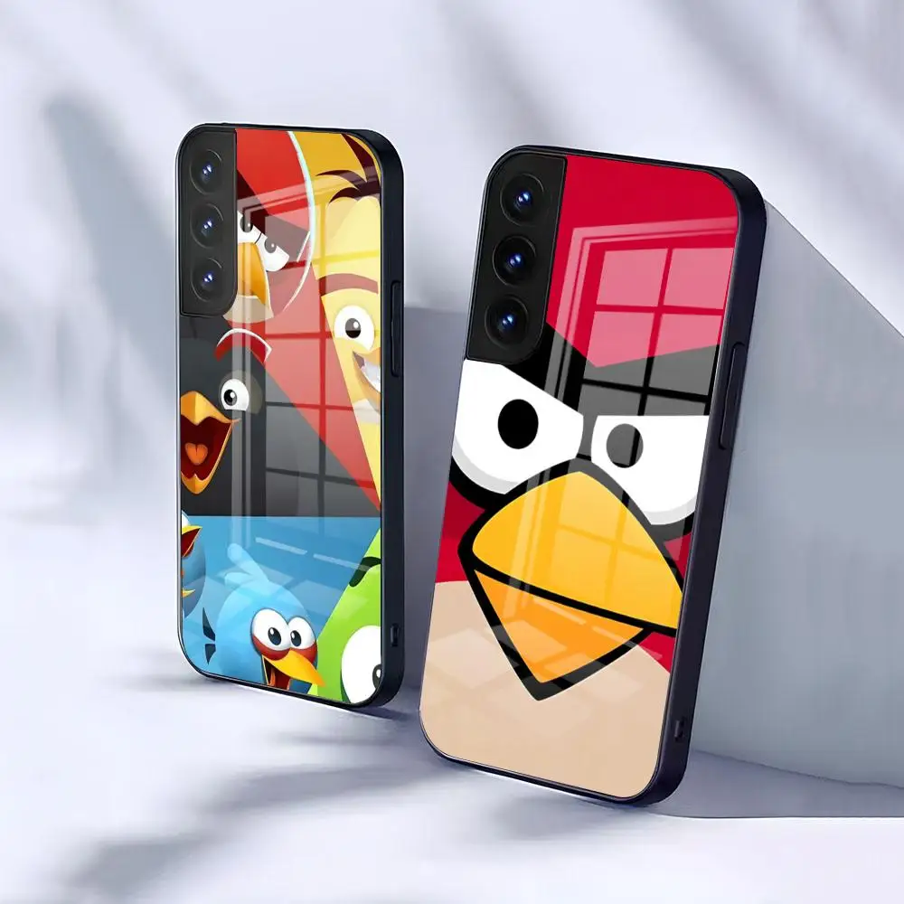 Cute Angry B-Birds Phone Case For Samsung S26 S25 S24 FE S23 S22 S21 Plus S20 Ultra Note20Ultra Black Glass Cover