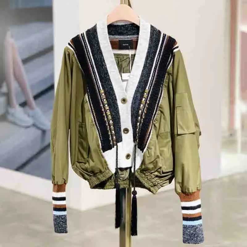 

Fashion Women's Jacket Rivet Patchwork Tassel V-neck Long Sleeve Single Breasted Contrast Color Coat Spring 2024 New