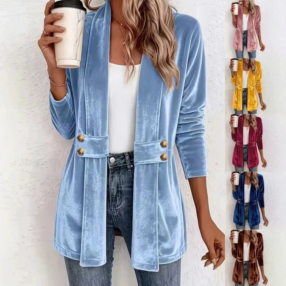 Women's Double‑Breasted Decor Velvet Cardigan, Lazy Style Versatile Mid‑Length Casual Top