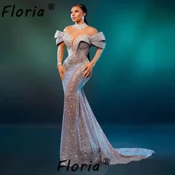 Stunning Silver Eso Abi Women Wedding Dress Beaded See Through Long Sleeve African Evening Party Gown Customized Red Carpet Gala