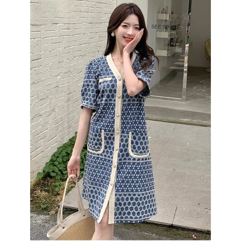 

Summer Thin V-neck Long Dress Women Loose Knitted Short Sleeve Vestidos Korean Casual Knitwears Single Breasted Party Dresses