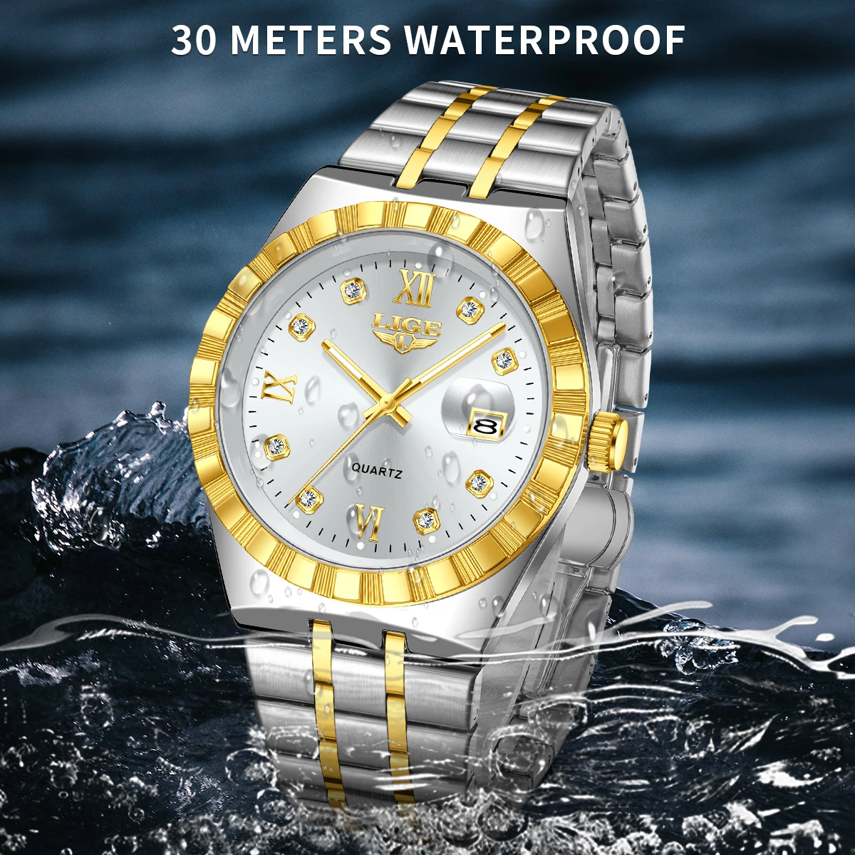 LIGE 새로운 럭셔리 트렌디 남성용 시계 방수 발광 스테인리스 스틸 남성 시계 날짜 표시 쿼츠 비즈니스 남성 손목시계+박스 선물