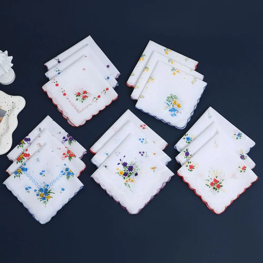 6 Pack of Women's Classic Tooth Edge Handkerchiefs, Cotton Flower Handkerchiefs, Sweat-Wiping Flap Pocket Pants Towels, Placemats, Wedding Supplies