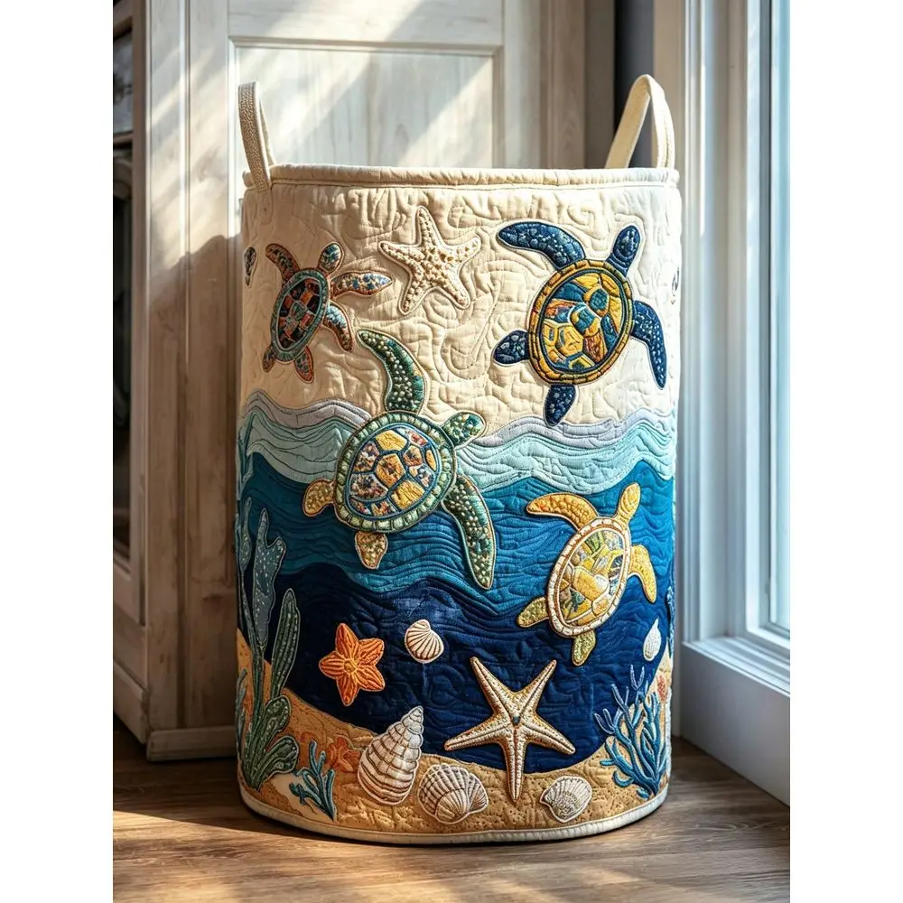 Quilted Round Laundry Storage Basket With 3D Print Ocean Turtle Gingerbread House Winter Snow Town Foldable Household Clothes Organizer Bin
