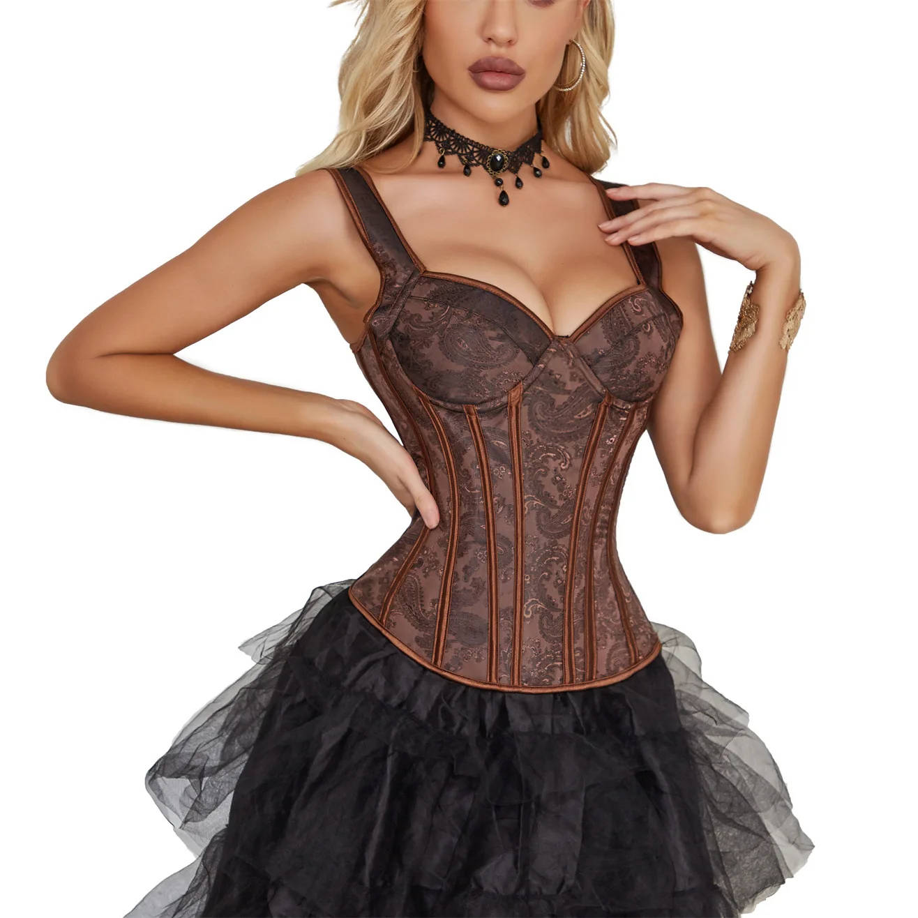 Women Brown Corset with Straps Overbust Black White Corsets Vest Gothic Steampunk Bustiers Lace Up Boned Jacquard Tank Tops