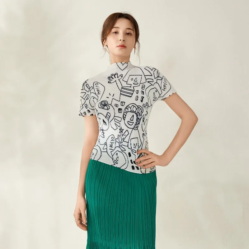 Miyake Pleated 2026 Summer Abstract Graffiti Pleated Top Women's Half High Neck Short Sleeve Base Shirt Short Sleeve T-Shirt