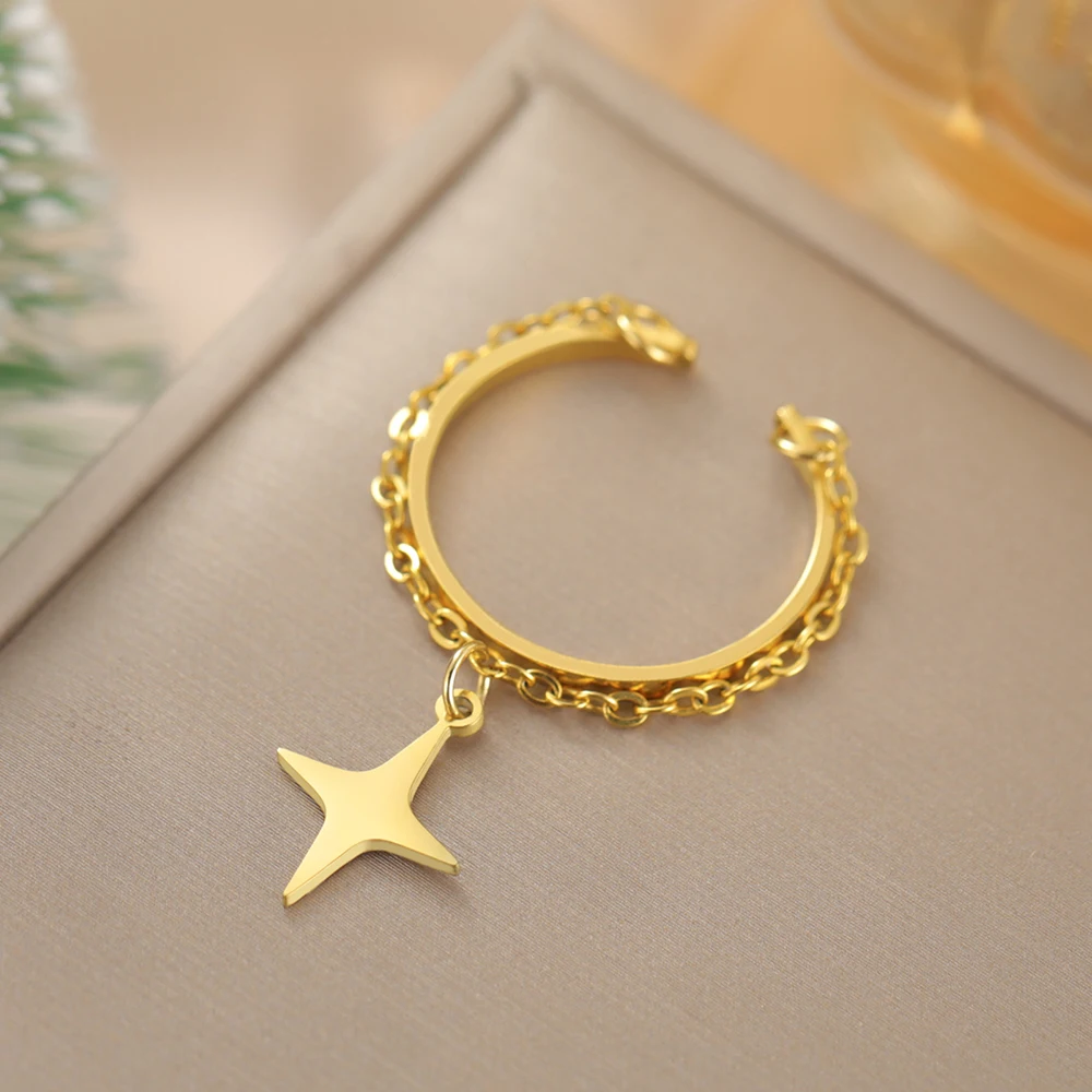Dawapara Vintage Stern Kette Quaste Verstellbarer Ring Hexagramm Pentagramm Kreuz Charm Edelstahl Damen Schmuck – Detail 12