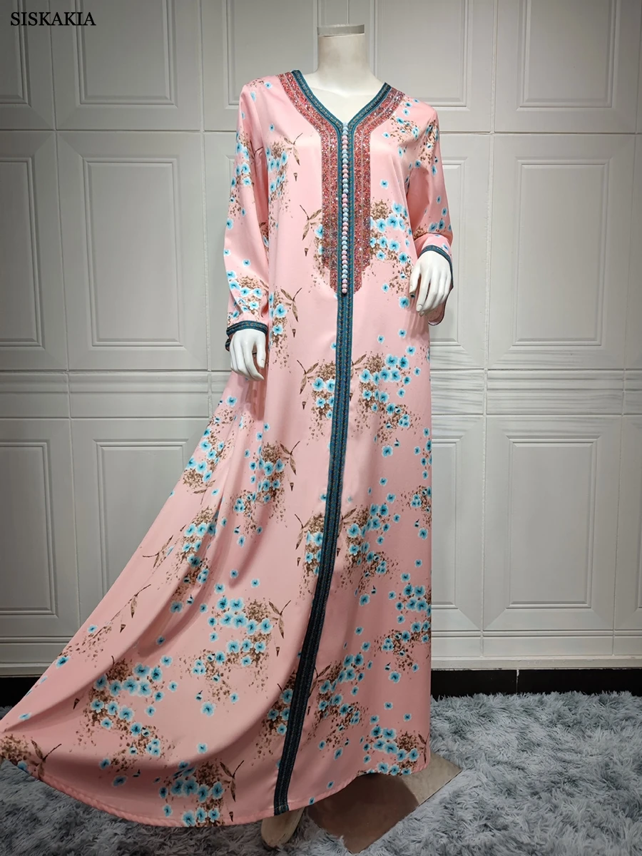 Ramadan Kaftan Dubai Luxury Diamonds Long Dresses Floral Print V-Neck Lace Tape Elegant Casual Party Dress Muslim Women Clothing