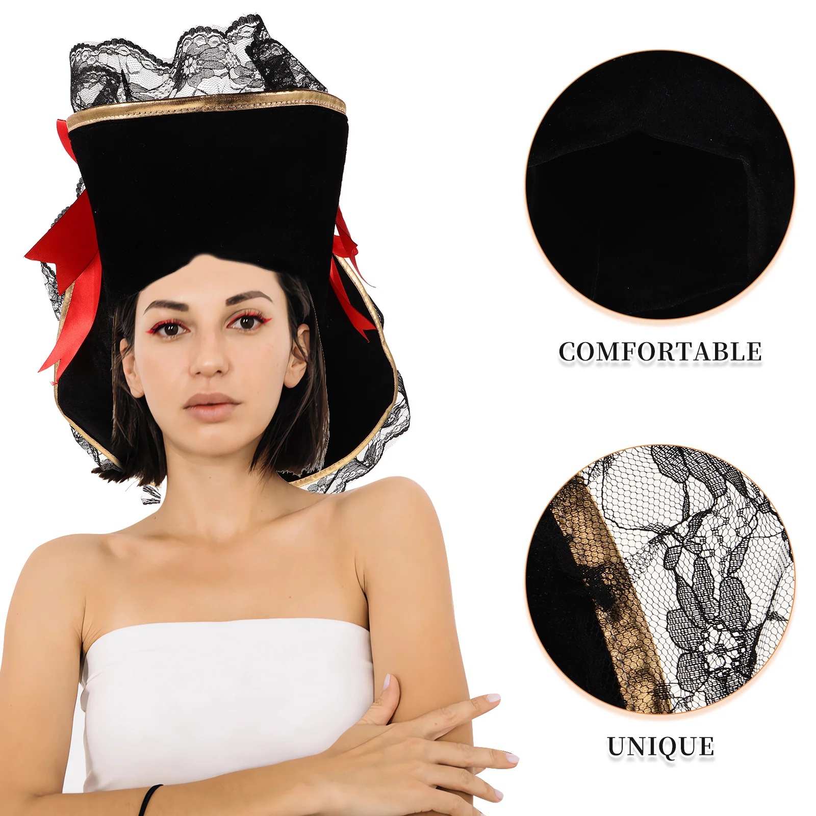 Piratenhut für Frauen, rote Schleife, Dreispitz, Kostümzubehör, Halloween-Party, Cosplay, Kopfbedeckung, Kapitän, Anziehpirat