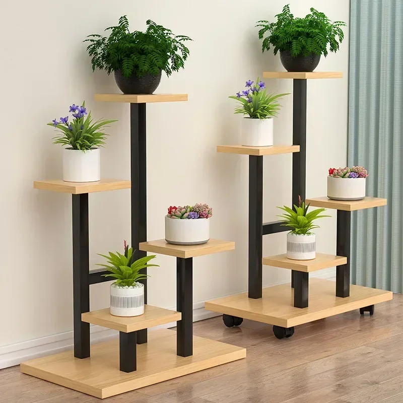 Exquisite Minimalist Wrought Iron Flower Rack With Wheel Movable Household Floor Flower Pot Rack Multi-layer Rack