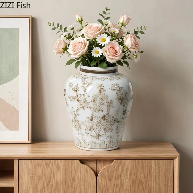 Retro Flower Pattern Ceramic Vase Handicrafts Flower Pots Table Decoration Flowers Arrangement Floral Vases Room Aesthetic Decor