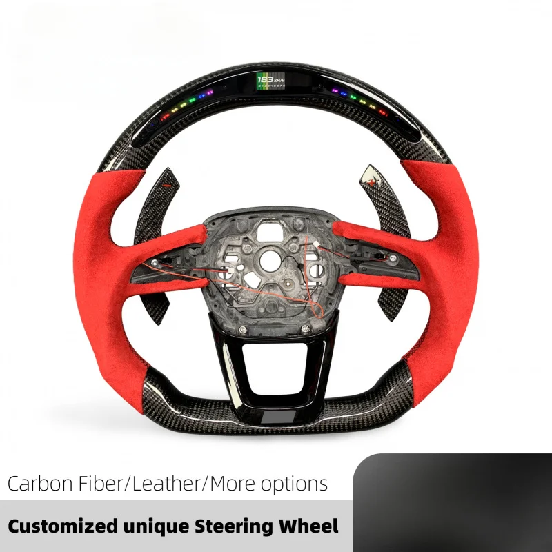 لأودي Q3/Q5/Q7/Q8/S5/SQ2/SQ5/SQ7/RS3/RS5/RSQ3/RSQ8 2016-2024 عجلة قيادة LED ذكية من ألياف الكربون (تصميم داخلي أحمر)