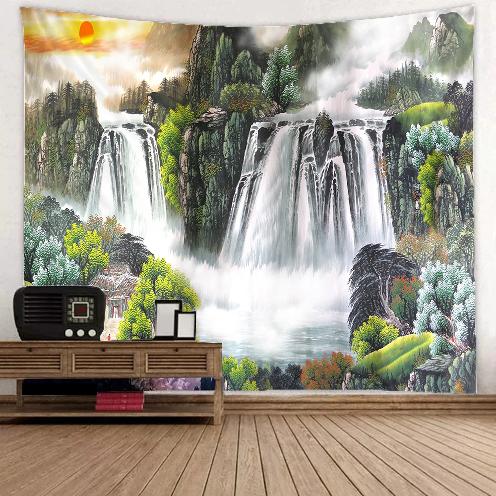 Natural landscape tapestry Mountain waterfall bird day flowe