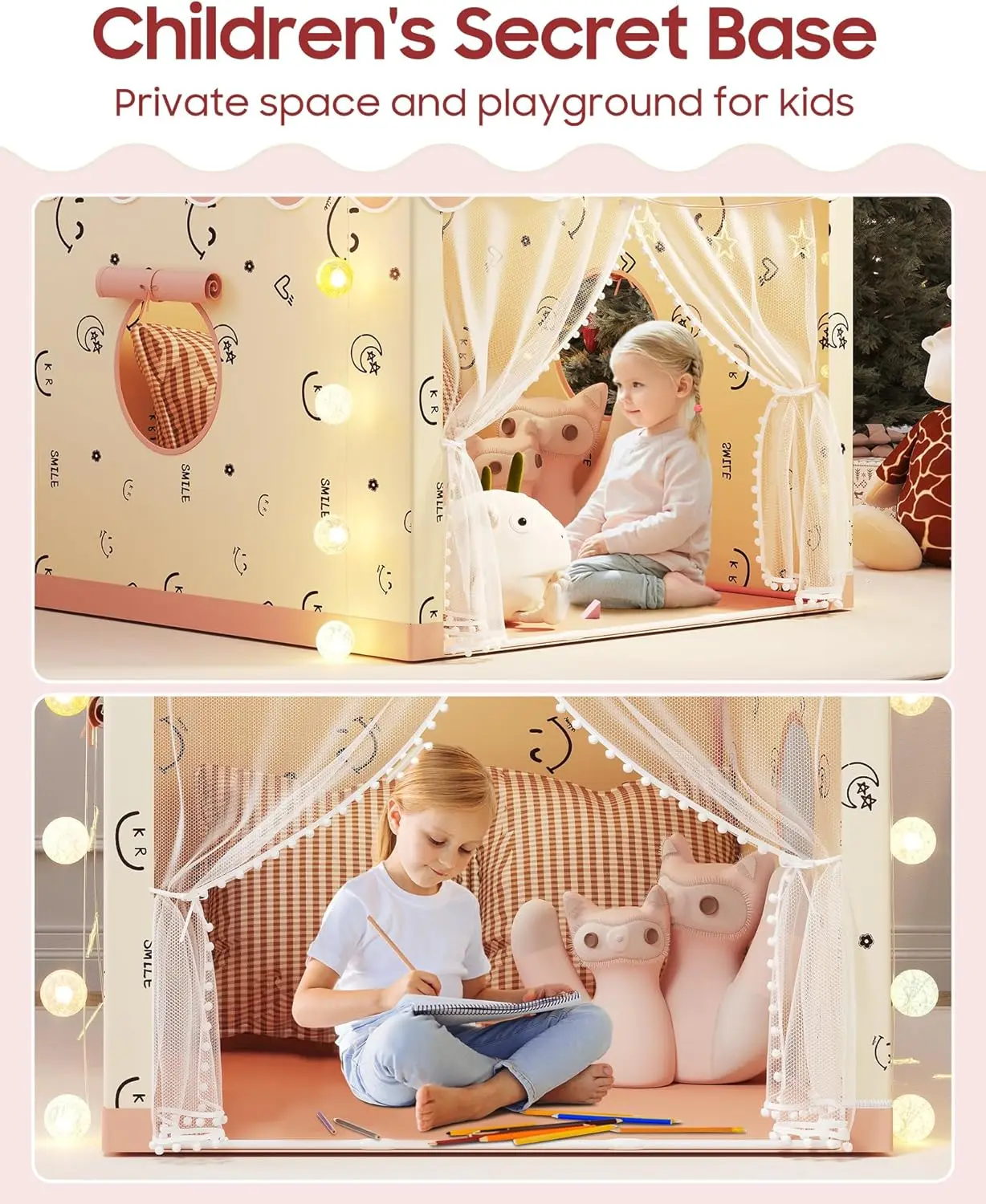 เต็นท์ของเล่นเด็กทรงปราสาทเจ้าหญิง บ้านเด็กเล่นพับได้ โครงเหล็ก ไม่มีไฟบอล