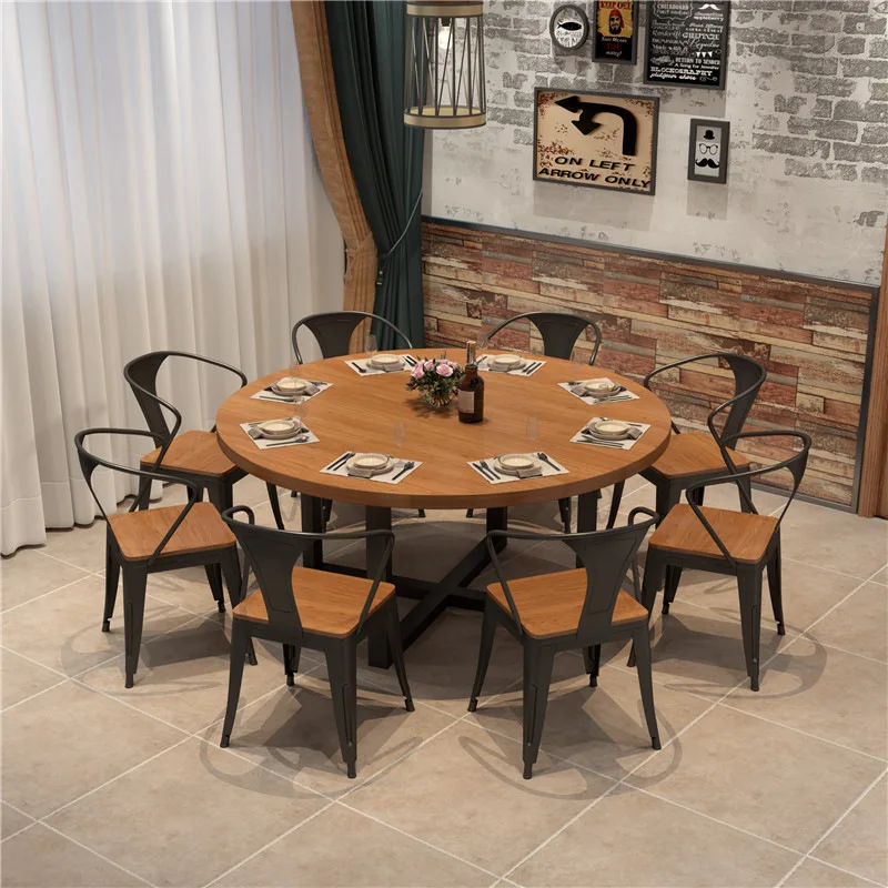 Wrought iron solid wood table and chair combination family restaurant round dining table hotel box large round table