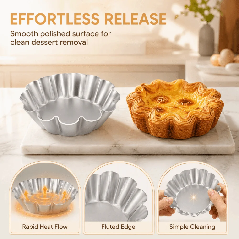 12PCS Aluminum Alloy Flower Pudding Mold Flower Shaped Easy Release Surface Fluted Cake Mold Fluted Wave Edge Silver Baking Mold