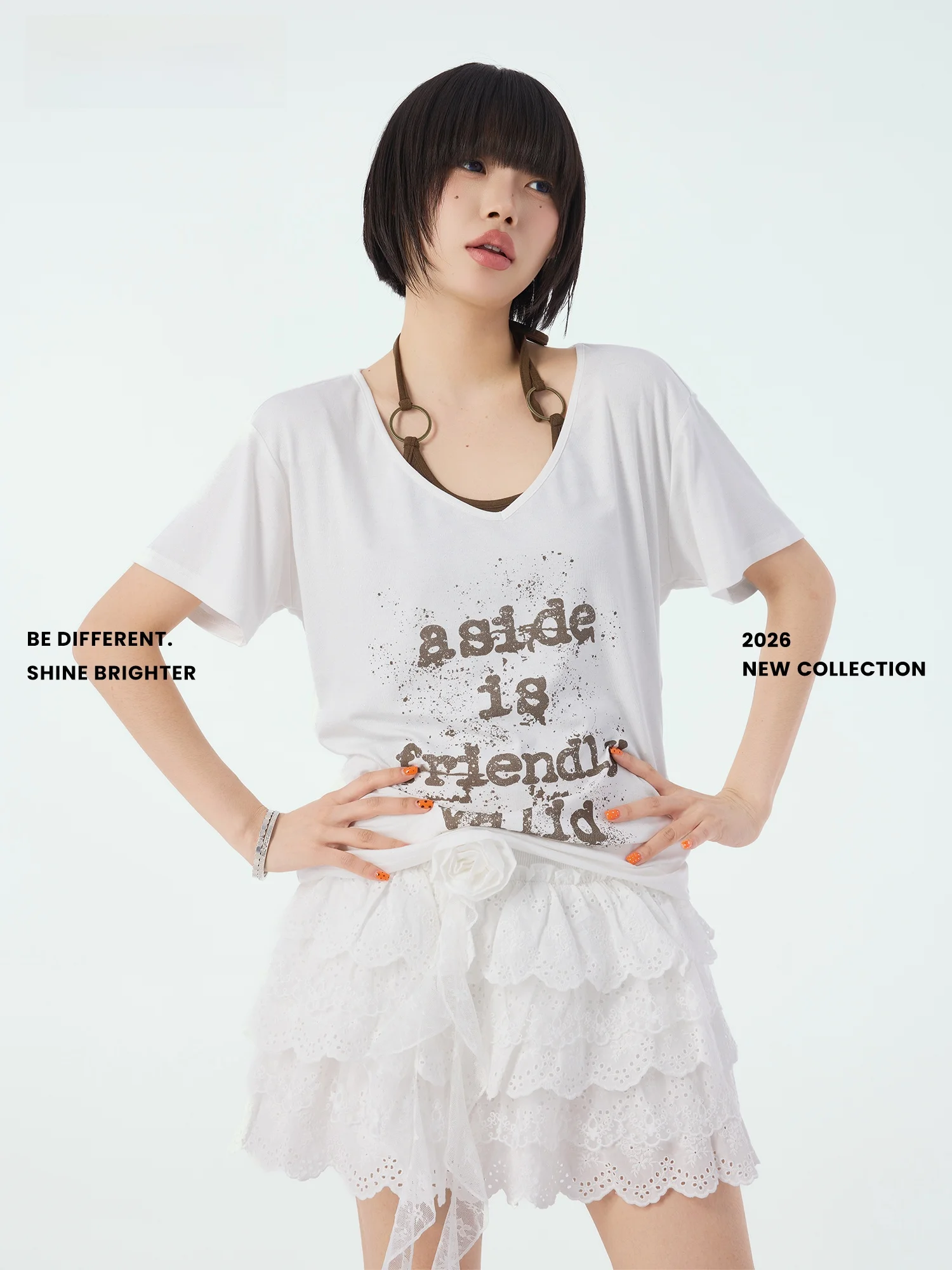 

Didimax Summer New White Hanging Neck Splice Color Letter Print Short Sleeve Women's Large Collar X88108 Fashion Set