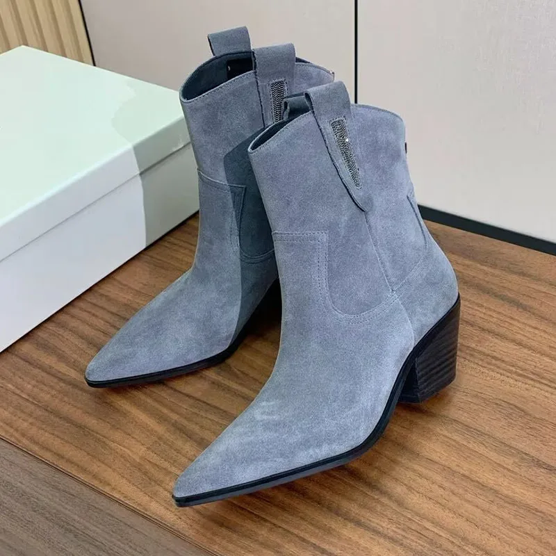 Chunky High Heel Short Boots Women Genuine Leather Pointed Toe Metal String Bead Decor Ankle Bota Autumn Versatile Chelsea Boots